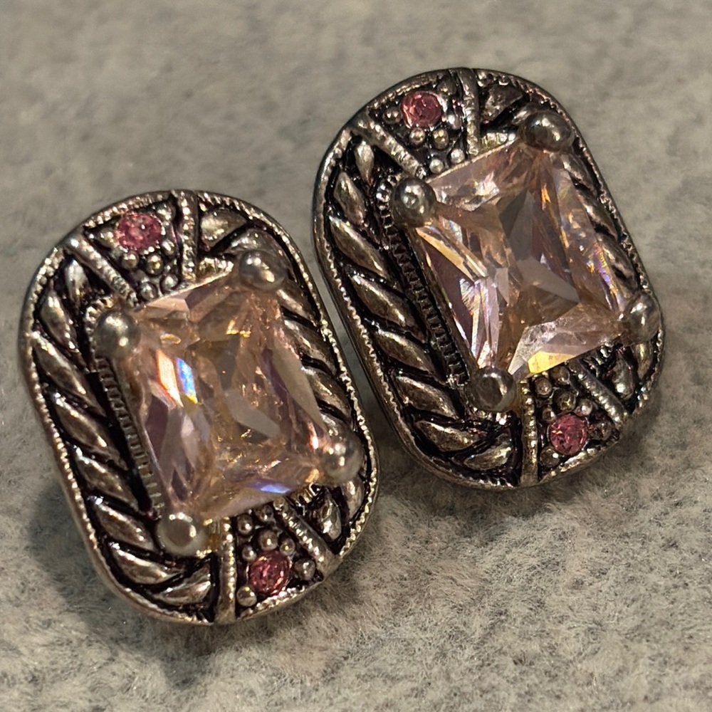 Vintage Pink Crystal Art Deco Silver Earrings